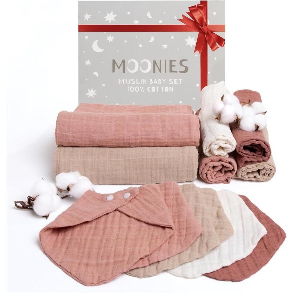 MOONIES 12-Pack Muslin Baby Set: 6 Bibs, 4 Burp Cloths & 2 Swaddle Blankets.